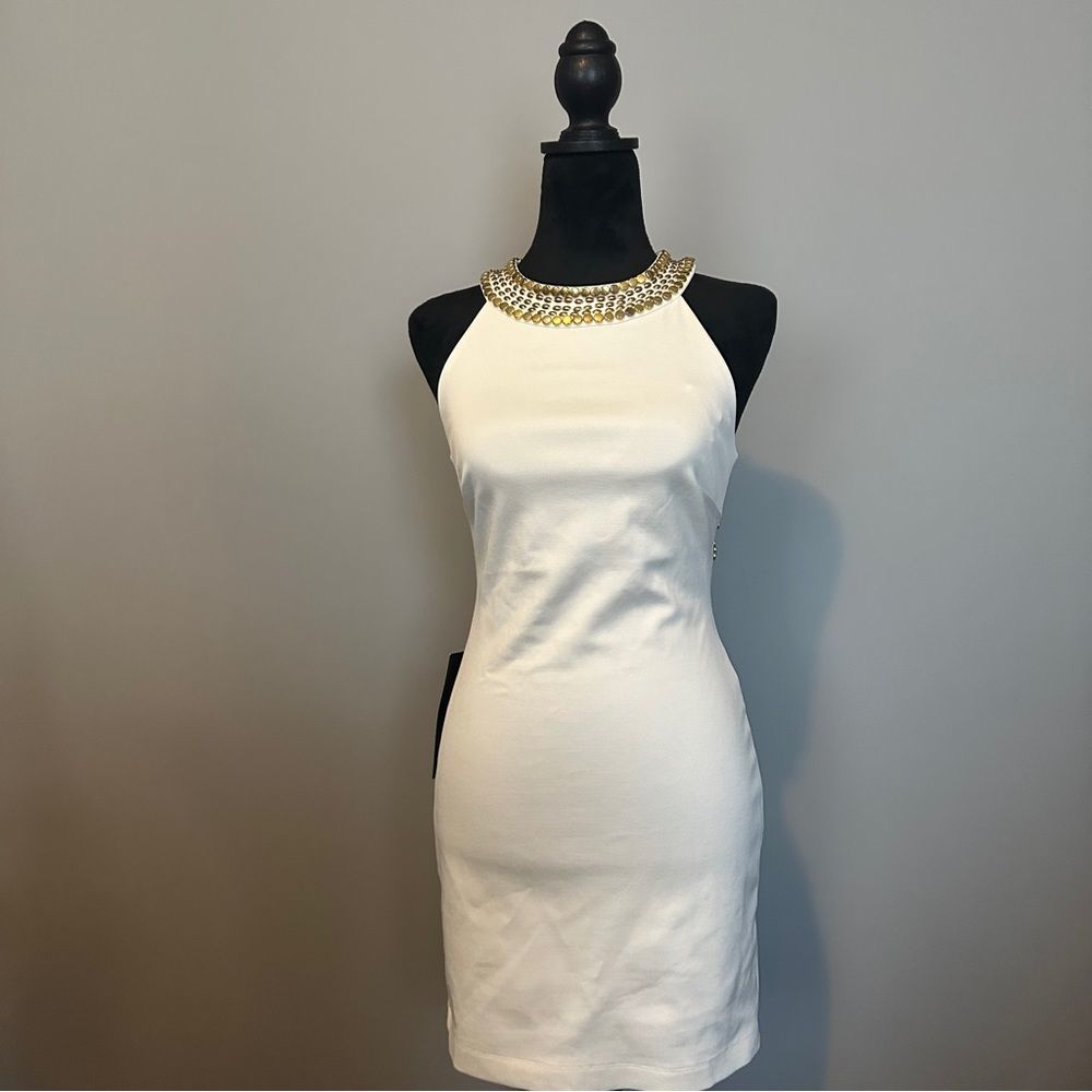 NWT Bebe White and Gold High Neck A Line Dress